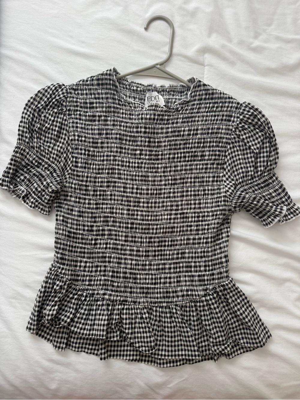 Jason Wu Black and White Gingham Smocked Peplum Blouse